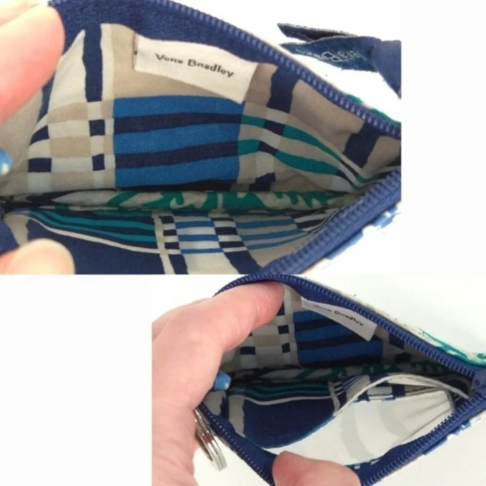 Vera Bradley Blue Green Beige Leaves Santiago ID Card Holder / Coin Pouch Wallet